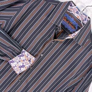 Robert Graham Shirt Mens L Black Orange Stripe Classic Clubwear Y2K Abstract